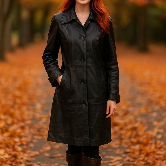 Vintage Wilsons Leather Jacket Black Trench Over Coat Big Collar Chevron Lined L - Picture 1 of 16